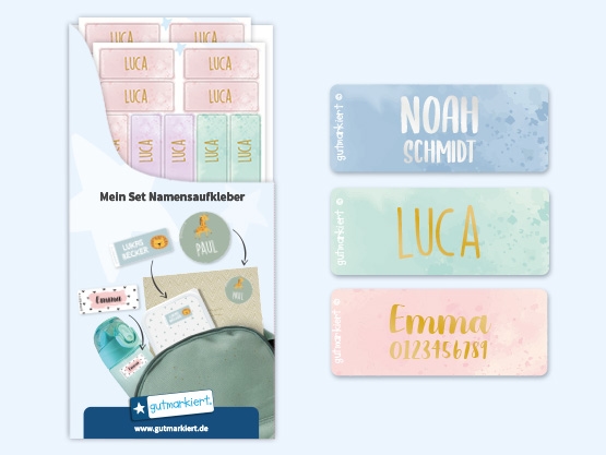 Kleine Namensaufkleber in Gold/Silber mit Aquarell-Design