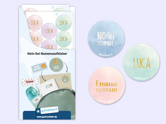 Runde Namensaufkleber in Gold/Silber mit Aquarell-Design