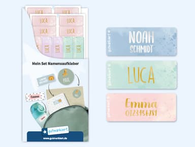 Kleine Namensaufkleber in Gold/Silber mit Aquarell-Design