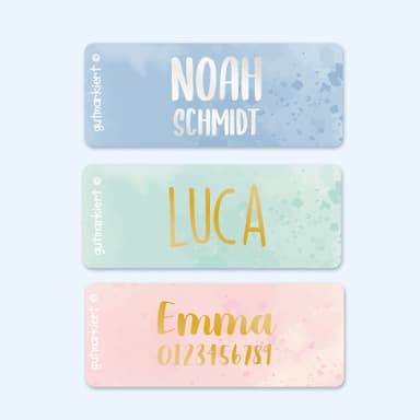 Kleine Namensaufkleber in Gold/Silber mit Aquarell-Design