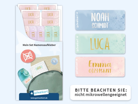 Kleine Namensaufkleber in Gold/Silber mit Aquarell-Design