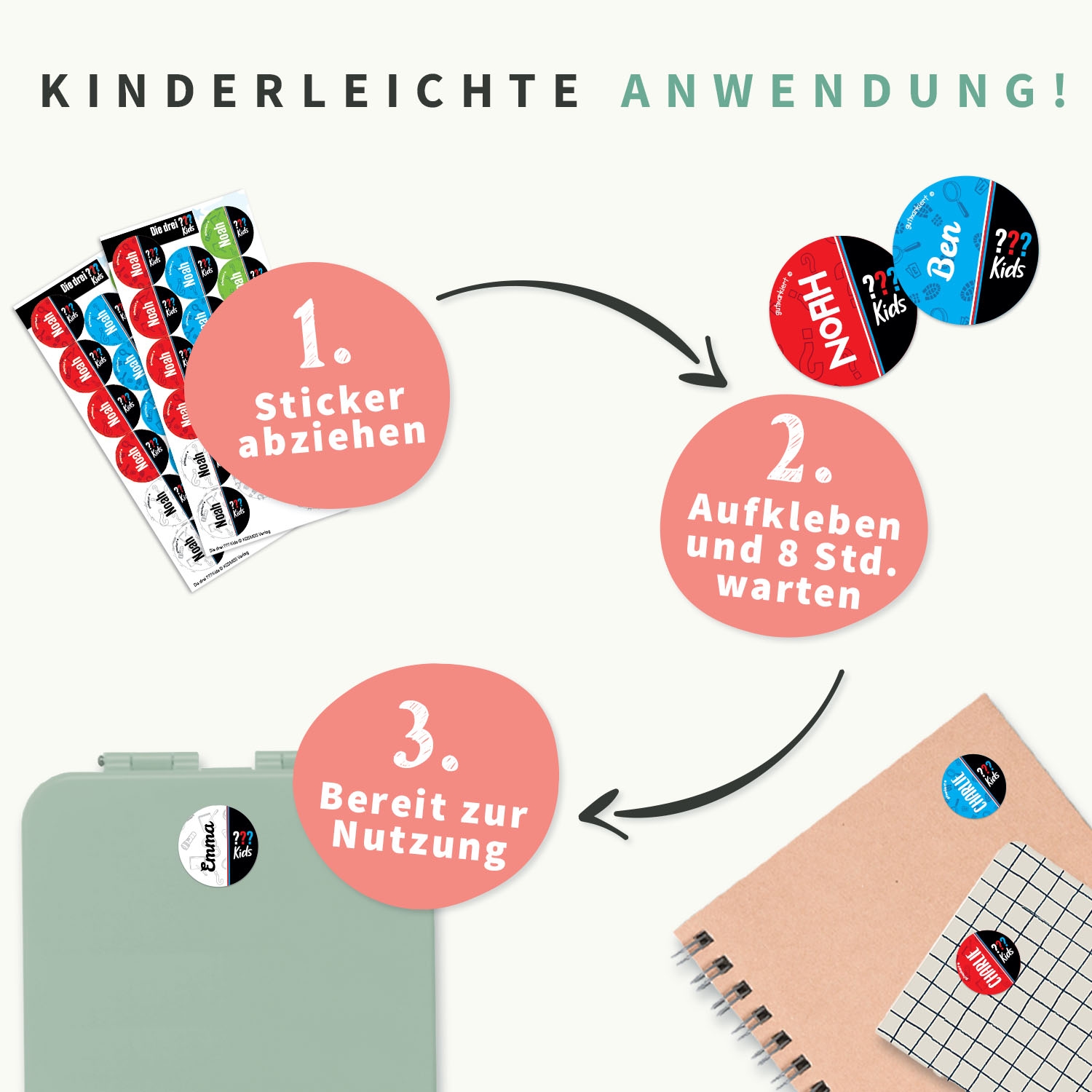 Runde Namensaufkleber – Die drei ??? Kids