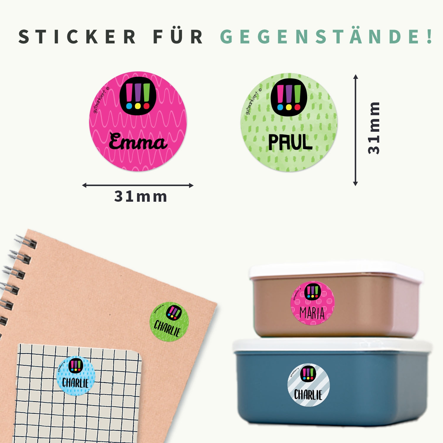 Runde Namensaufkleber – Die drei !!!