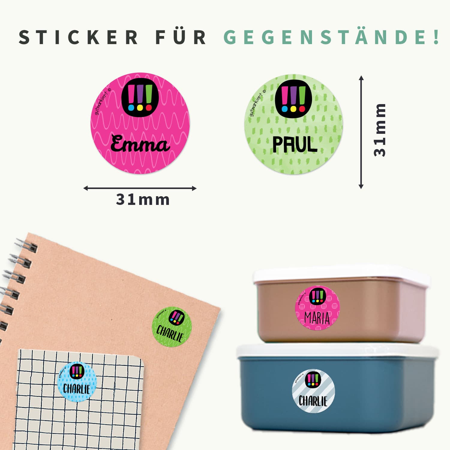 Runde Namensaufkleber – Die drei !!!