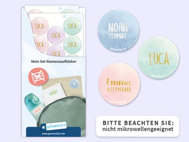 Runde Namensaufkleber in Gold/Silber mit Aquarell-Design