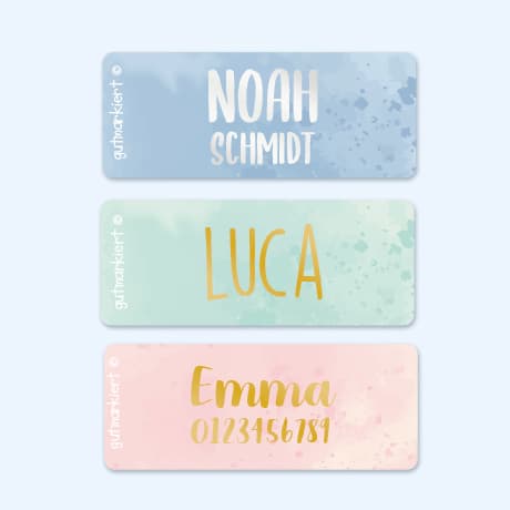 Kleine Namensaufkleber in Gold/Silber mit Aquarell-Design