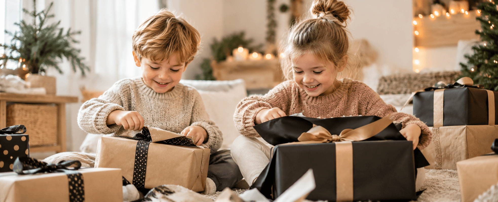 Kinder packen Geschenke aus